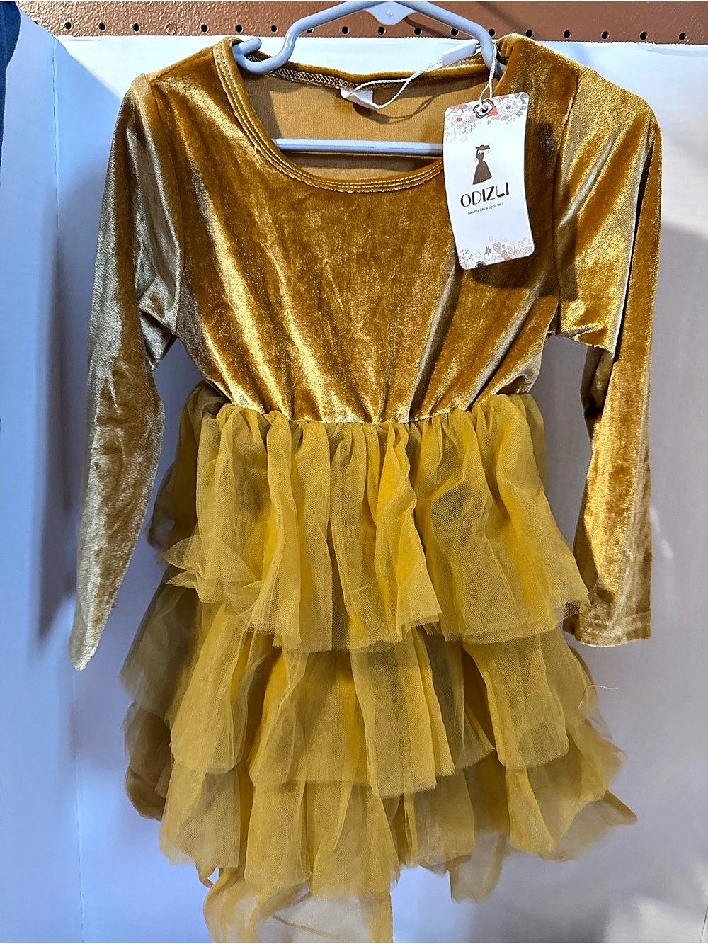 ODIZLI Kids Girls Long Sleeve Velvet Tiered Tulle Tutu Dress Gold Girls 100
